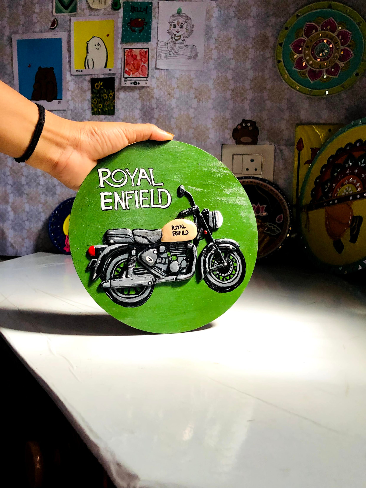 Green Royal Enfield personalized Lippan artwork